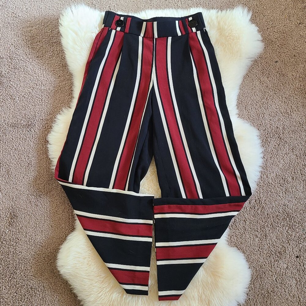 Zara trf Collection Cropped Wide Leg Striped Pants with Button Waist Det…